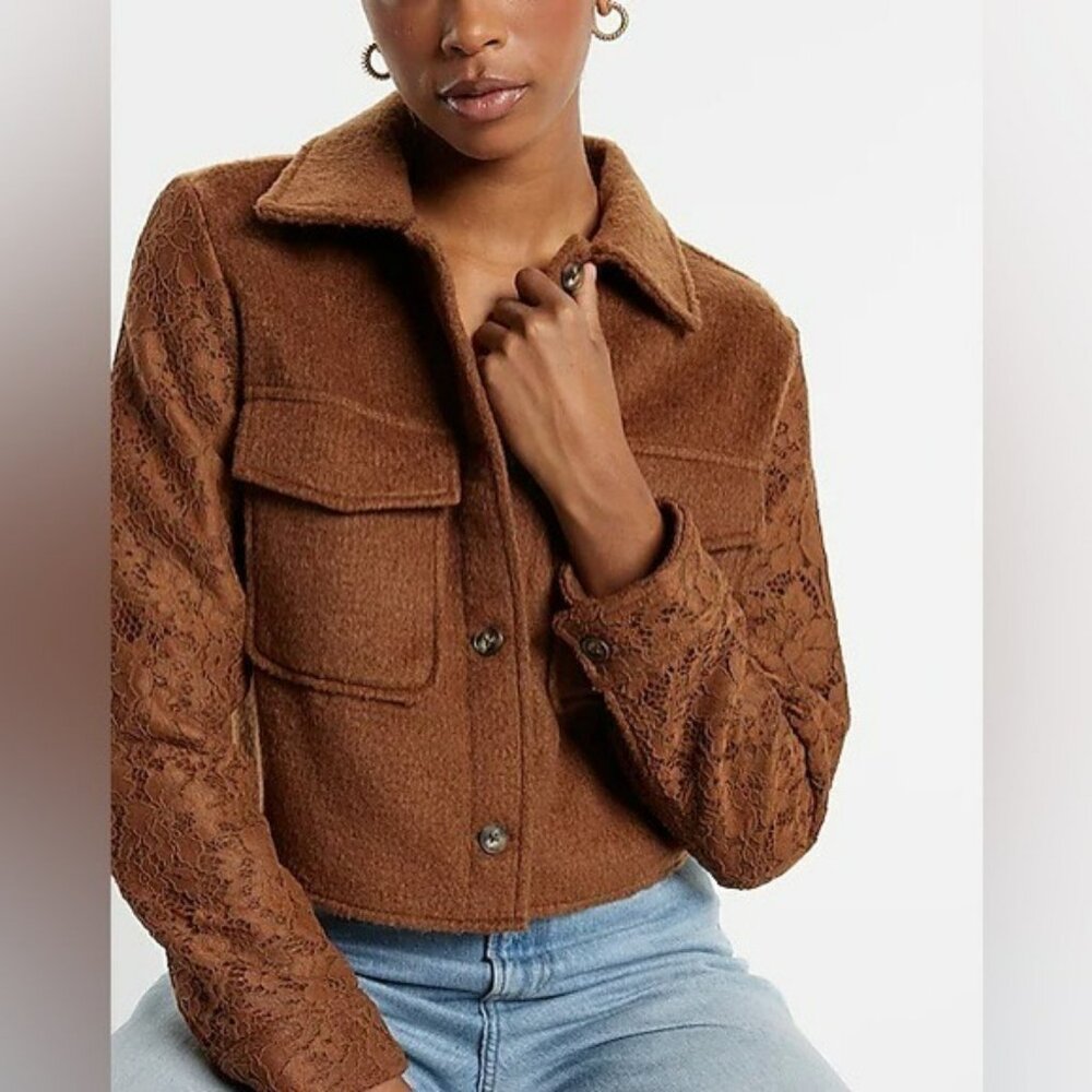 Express Tweed Lace Sleeve Cropped Shacket Jacket Sz Medium